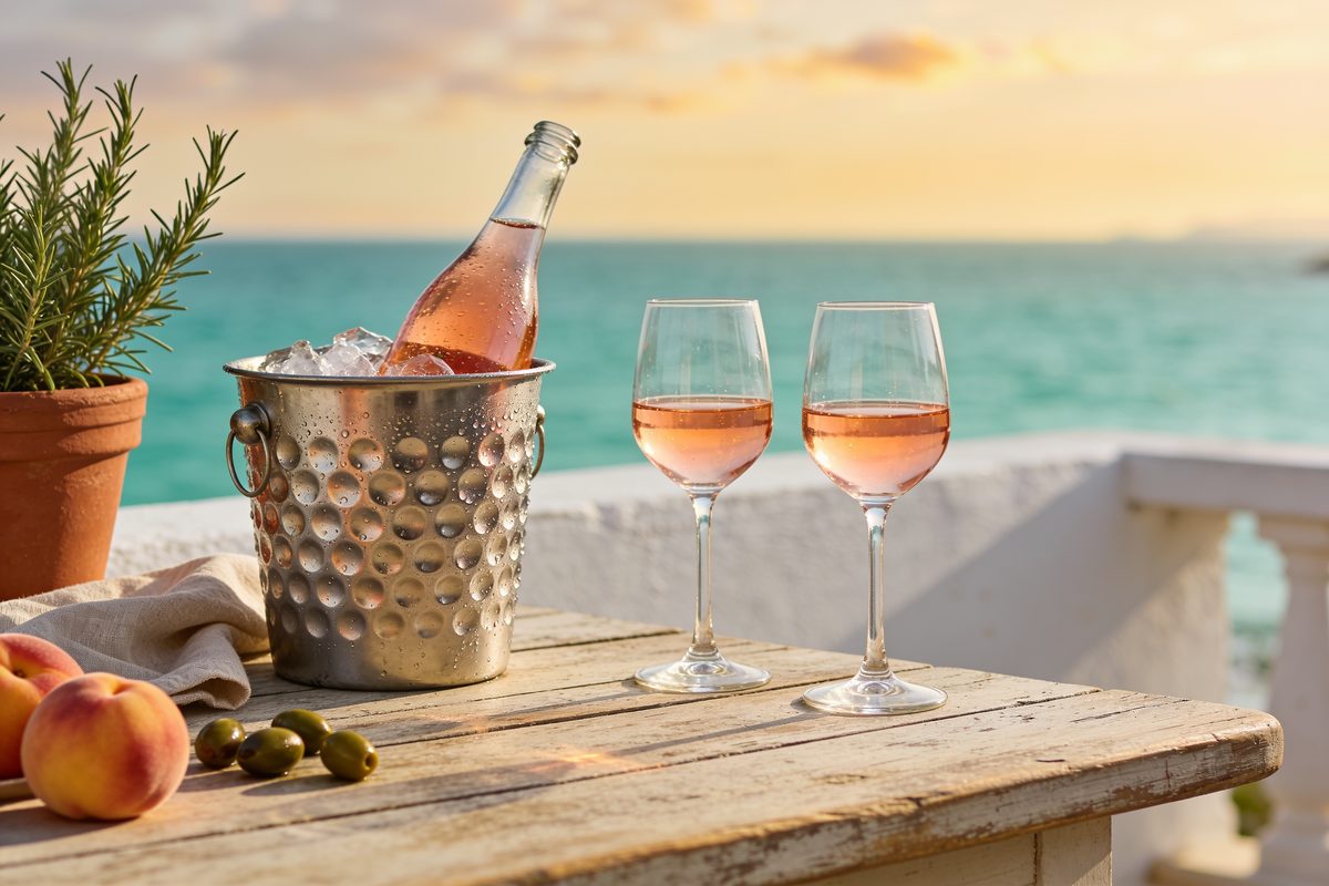 Bottiglia di rosato in secchiello e due calici su un tavolo di legno affacciato sul mare al tramonto